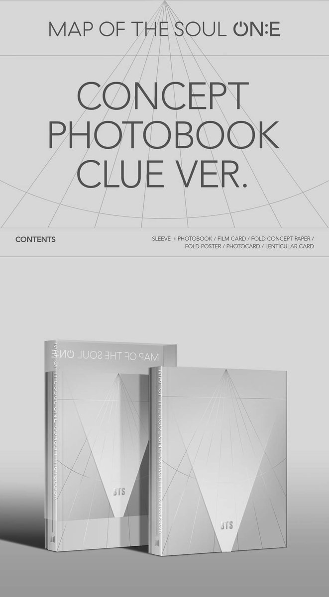 BTS Map of the Soul ON:E CONCEPT PHOTOBOOK CLUE VersionCONTENTSSleeve + photobook (128p/112p)Film card 7eaFold concept paperFold posterPC 1 of 7Lenticular @BTS_twt