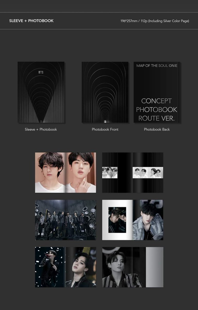 BTS Map of the Soul ON:E CONCEPT PHOTOBOOK ROUTE VersionCONTENTSSleeve + photobook (128p/112p)Film card 7eaFold concept paperFold posterPC 1 of 7Lenticular @BTS_twt