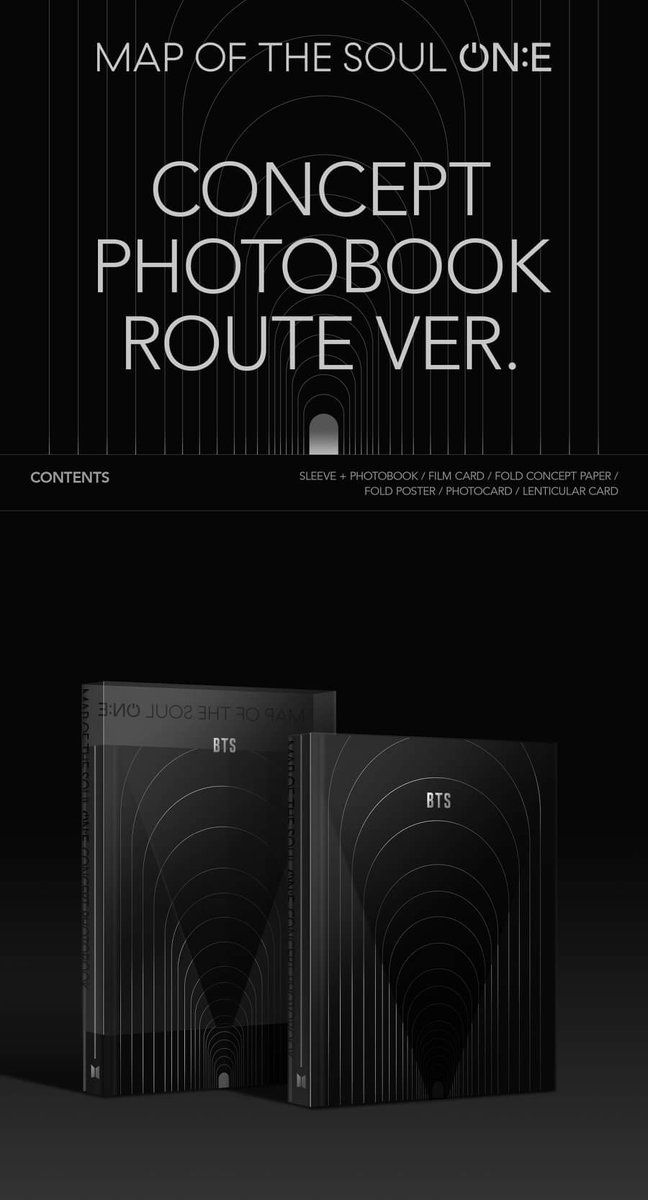BTS Map of the Soul ON:E CONCEPT PHOTOBOOK ROUTE VersionCONTENTSSleeve + photobook (128p/112p)Film card 7eaFold concept paperFold posterPC 1 of 7Lenticular @BTS_twt