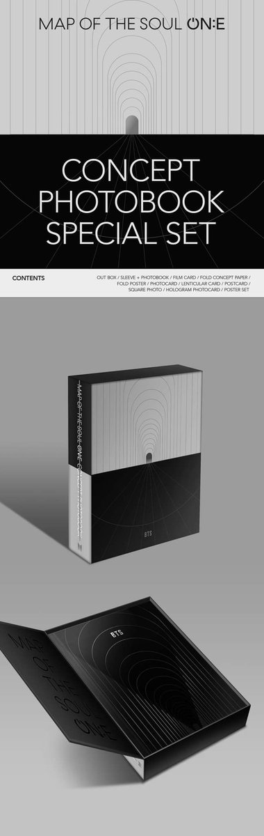BTS Map of the Soul ON:E CONCEPT PHOTOBOOK SPECIAL SET - CLUE & ROUTE CONTENTSSleeve + photobook (128p, 112p)Film card 14ea Fold concept paper 2eaFold poster 2eaPC 2 of 14Lenticular 2ea+Postcard 1eaSquare photo 7eaHolo PC 1 of 7Poster set 7ea (first press)