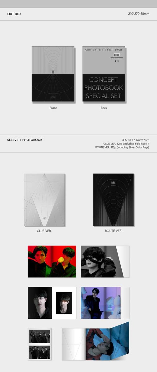 BTS Map of the Soul ON:E CONCEPT PHOTOBOOK SPECIAL SET - CLUE & ROUTE CONTENTSSleeve + photobook (128p, 112p)Film card 14ea Fold concept paper 2eaFold poster 2eaPC 2 of 14Lenticular 2ea+Postcard 1eaSquare photo 7eaHolo PC 1 of 7Poster set 7ea (first press)