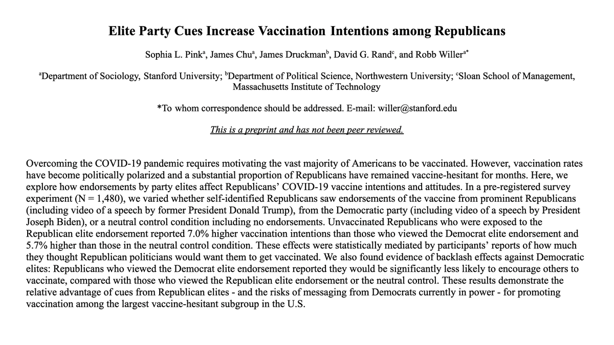 We also discuss our research showing that informing Republicans that Republican politicians – esp Donald Trump – support vaccination, increases vaccine intentions in this group. Of note, we find the effect does not extend to people strongly opposed to vaccination.