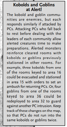 The Sunless Citadel, the first official module/adventure for 3.0, has a more specific (and far simpler!) wandering monster table. It also has some "order of battle" guidelines for how the monster factions, once alerted, may redeploy to cleared rooms, set ambushes, etc.