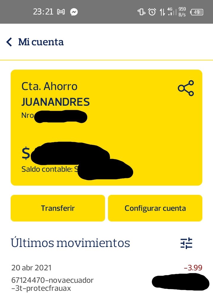 JuanAndresM21's tweet photo. Señores @BancoPichincha en ningún momento he solicitado el seguro de @novaecuador ni ningún otro seguro ¿por qué me descuentan $3.99 sin mi autorización? @DEFENSORIAEC @seps_ec @superbancosEC https://t.co/GvLZZYiruq