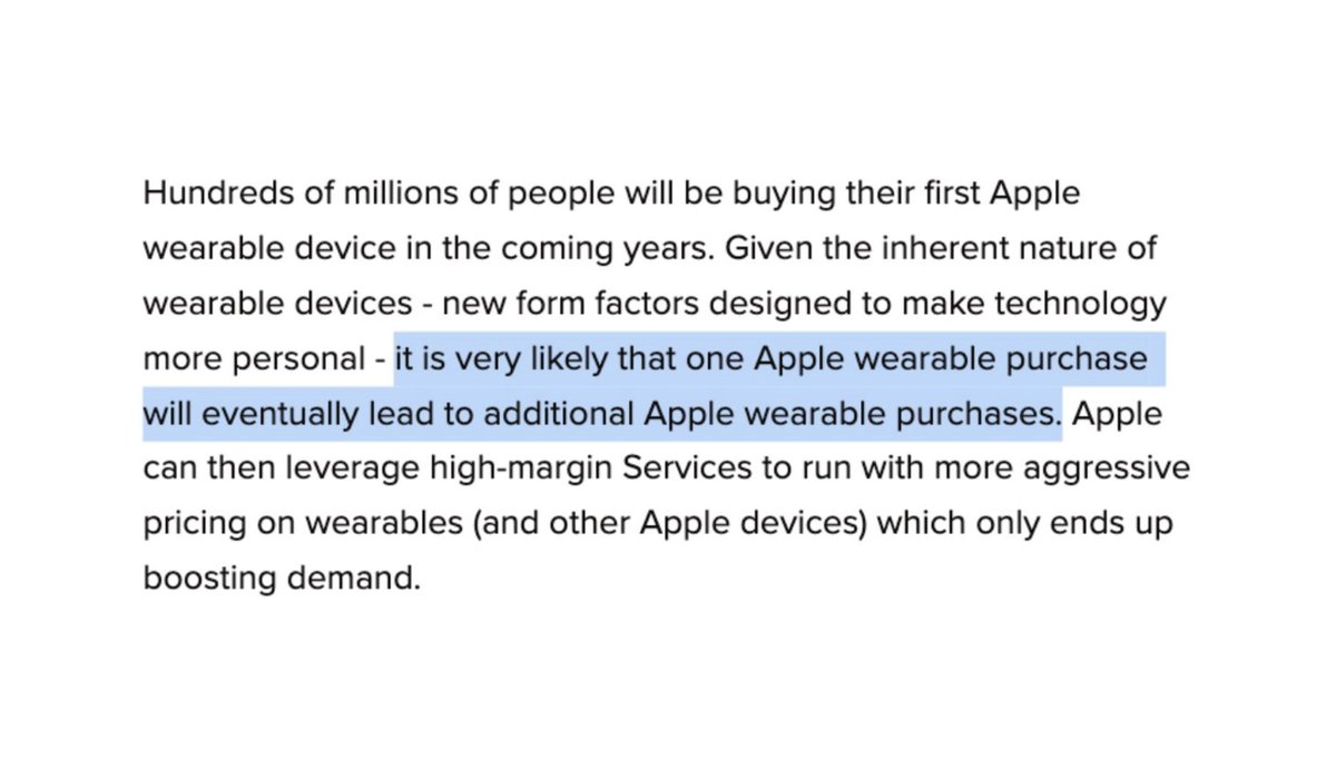 18/ Wearables is  $AAPL's growth engine because if you buy one product (Watch), it's likely you'll buy another (AirPods). More wearables also gives Apple an edge in AR glasses (compared to competitors, it can offload compute to wearables and make its glasses lighter).