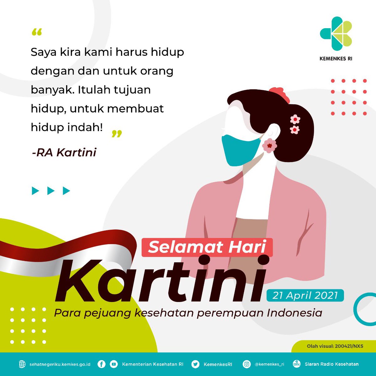 KemenkesRI's tweet photo. #KartiniMasaKini adalah wanita yang berjuang bagi keluarga dan lingkungan sekitarnya untuk terus berjuang melawan pandemi COVID-19 dengan senantiasa menjalankan protokol kesehatan 3M. 

Selamat Hari Kartini Untuk Seluruh Perempuan di Indonesia ❤️

#kartiniday 
#Kartini https://t.co/uMlIzK6pcS