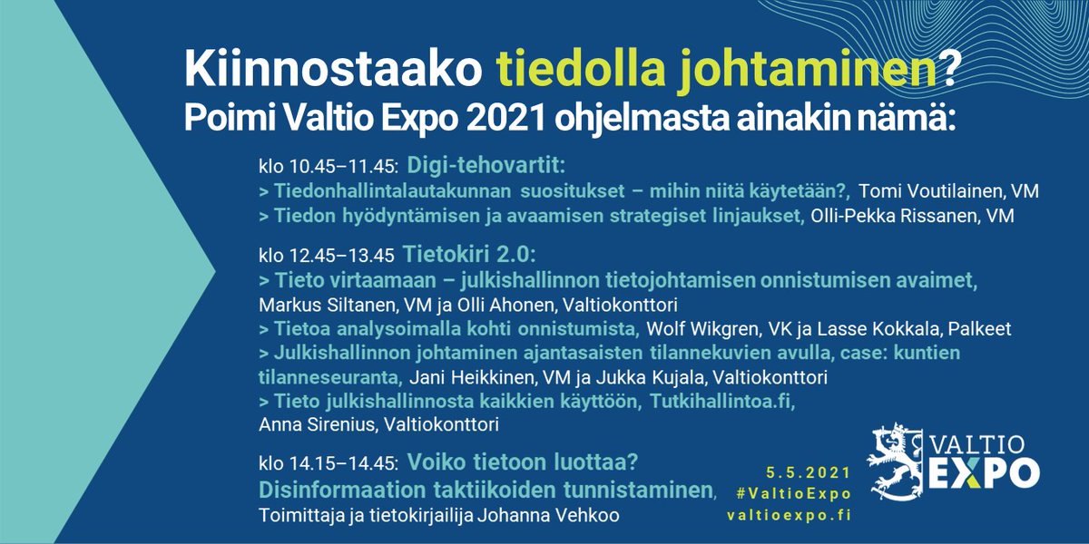 Valtiokonttori's tweet photo. Valtio Expossa laitetaan @Tietokiri:n johdolla tieto virtaamaan julkishallinnossa. Mutta voiko tietoon aina luottaa, kysyy @vehkoo. #Tietojohtaminen-teemasta kiinnostuneille poimimme ohjelmasta tällaiset tärpit. Lue lisää ja tule mukaan 👉 https://t.co/FJLxD46GeZ 
#ValtioExpo https://t.co/FQTH33wUCy