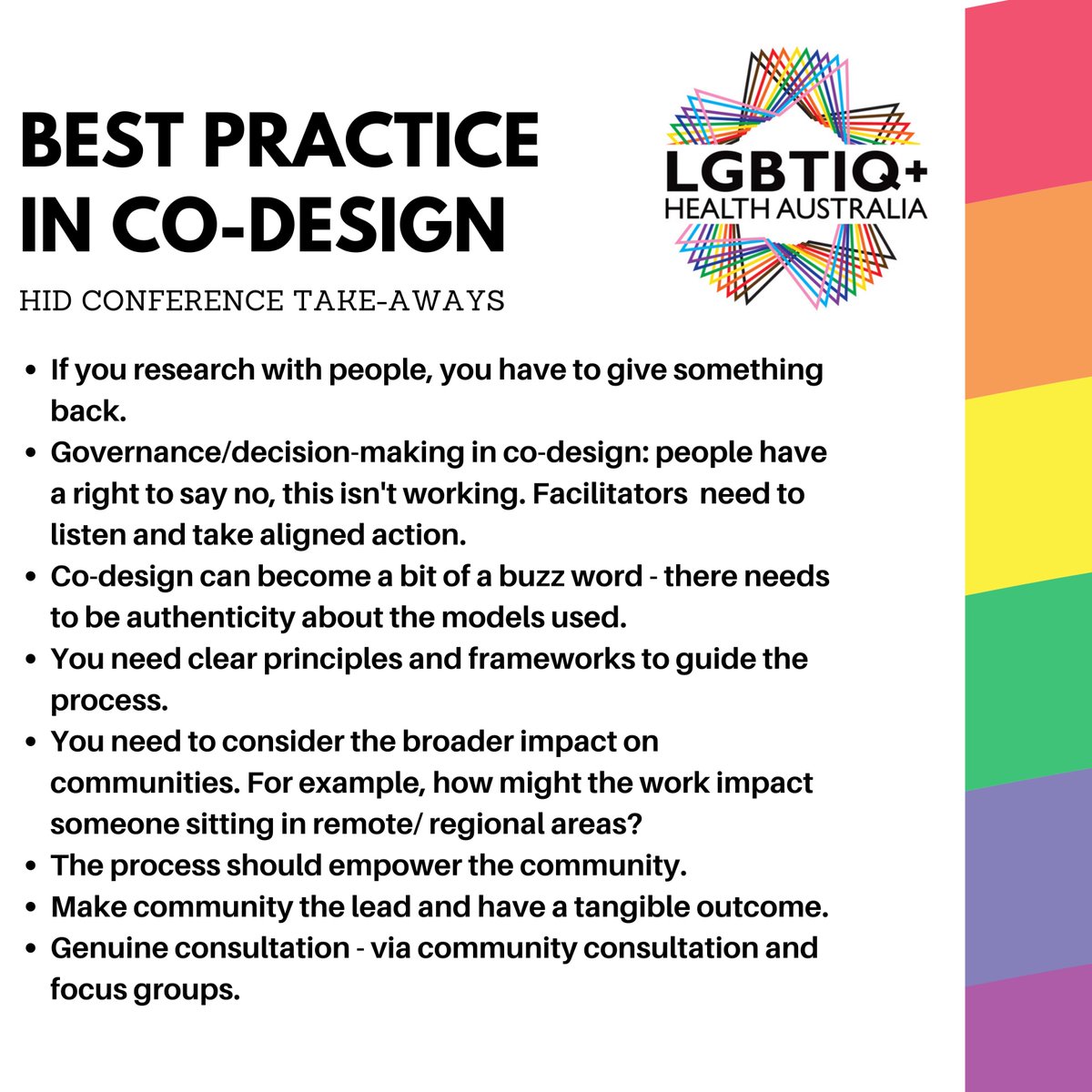 LGBTIQHealthAu's tweet photo. If you research with people, you have to give something back. Here are some tips for best practices for co-design. #HID2021 #LGBTIAgeing2021 https://t.co/amcaJwLwCi https://t.co/cHSTqI6Y2b