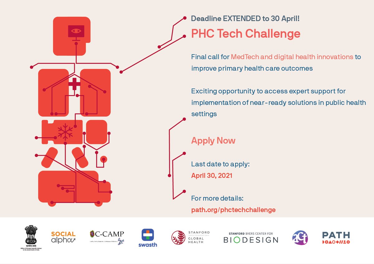 CCAMP_India's tweet photo. DEADLINE EXTENDED | @PATHtweets #PHCTech Challenge in partnership with CCAMP ends April 30th
If you have a solution that can improve primary health care outcomes, apply for expert support for on-ground implementation of your innovation.
Know more: https://t.co/G81WbJdiVN https://t.co/EqXMvrMbeM