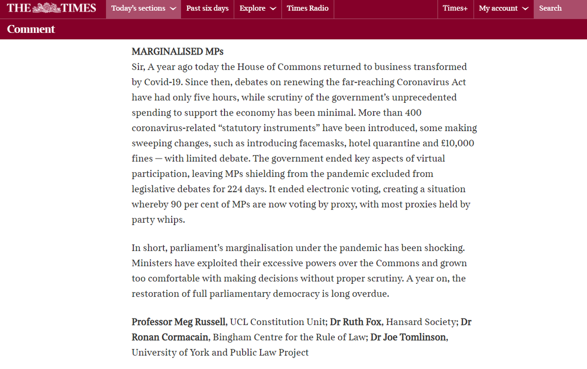 10/The experts from these four key organisations succinctly summarise their arguments on how government has marginalised the House of Commons during the past year of the pandemic in a letter to today’s  @thetimesLetter available here:  https://bit.ly/3dzGNlK 