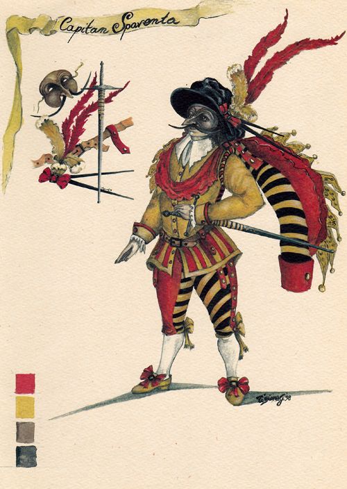 Capitano (lit. captain, one of the most ancient masks. a braggart soldier that mirror Spanish troops and mercenaries that invaded italy at the time), and Pedrolino (aka Pierrot, a servant who's cunning and sly who's fundamental to commedia dell'arte performances)