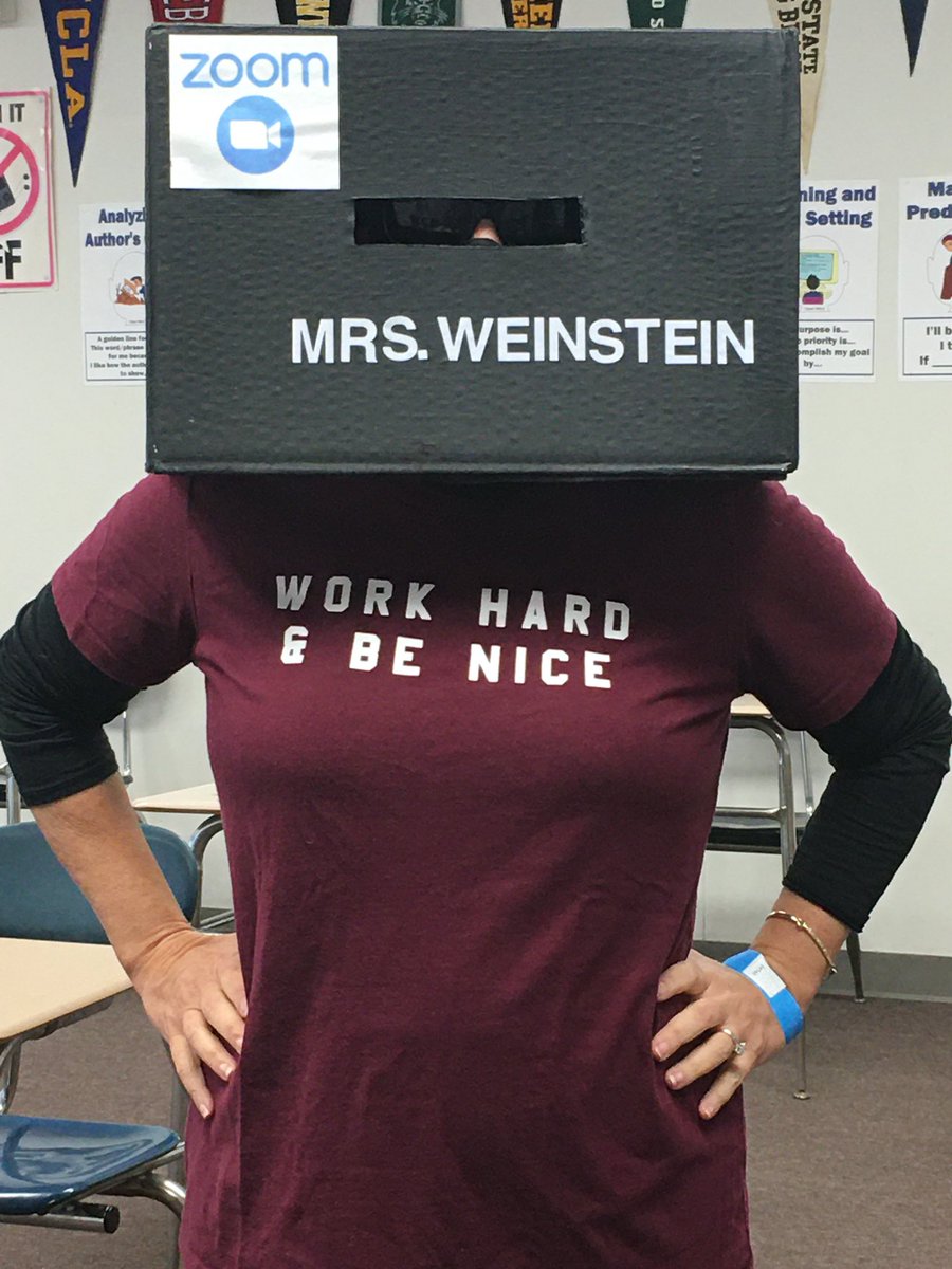 PamelaWeinstein's tweet photo. First day back with Team A today and showed off my custom Zoom box. Kids loved it. I even heard the word “irony” thrown around. Love it. Team B tomorrow! @LBSchools @Rogers_Mustangs @RogersGreenTeam https://t.co/8vNvSlAHD1
