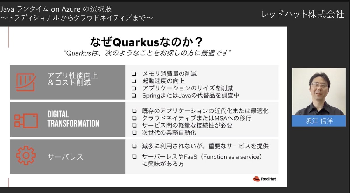 yoshioterada's tweet image. なぜ、Quarkus ?
#JavaOnAzure