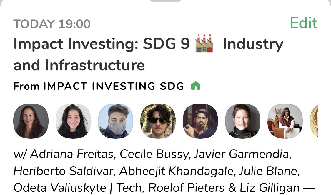 Adriana Freitas (@adrianafreitas) on Twitter photo TODAY
Impact Investing: SDG 9 🏭️ Industry and Infrastructure
<a href="/adrianafreitas/">Adriana Freitas</a>
<a href="/CecileBussy/">Cecile Bussy</a>
<a href="/garmen25/">Javier Garmendia</a>
<a href="/SaldivarMassimi/">Heriberto Saldivar, PhD</a>
<a href="/iAbheejit/">Abheejit</a>
<a href="/cardamum/">cardamum</a>
<a href="/ValiuskyteOdeta/">Odeta</a> <a href="/IBM/">IBM</a>
<a href="/graphific/">🌲Roelof ☀️</a>
<a href="/materialliz/">Liz Gilligan</a>
<a href="/Adriaan_Landman/">Adriaan Landman</a>
21 Apr at 7:00 PM CET <a href="/joinclubhouse/">Follow @Clubhouse</a>
Join us! joinclubhouse.com/event/myXLzJoD TODAY
Impact Investing: SDG 9 🏭️ Industry and Infrastructure
<a href="/adrianafreitas/">Adriana Freitas</a>
<a href="/CecileBussy/">Cecile Bussy</a>
<a href="/garmen25/">Javier Garmendia</a>
<a href="/SaldivarMassimi/">Heriberto Saldivar, PhD</a>
<a href="/iAbheejit/">Abheejit</a>
<a href="/cardamum/">cardamum</a>
<a href="/ValiuskyteOdeta/">Odeta</a> <a href="/IBM/">IBM</a>
<a href="/graphific/">🌲Roelof ☀️</a>
<a href="/materialliz/">Liz Gilligan</a>
<a href="/Adriaan_Landman/">Adriaan Landman</a>
21 Apr at 7:00 PM CET <a href="/joinclubhouse/">Follow @Clubhouse</a>
Join us! joinclubhouse.com/event/myXLzJoD