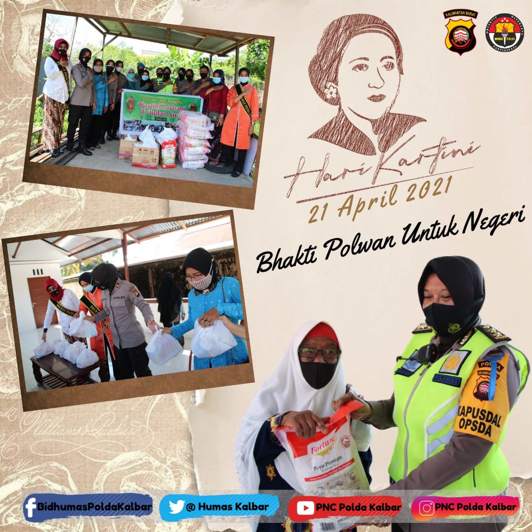 Dalam rangka memperingati Hari Kartini Tanggal 21 April 2021 Polda Kalbar Melaksanakan Bhakti Polwan Untuk Negeri

#SrikandiGardaNegeri
Tauladan Pelopor Bangsa