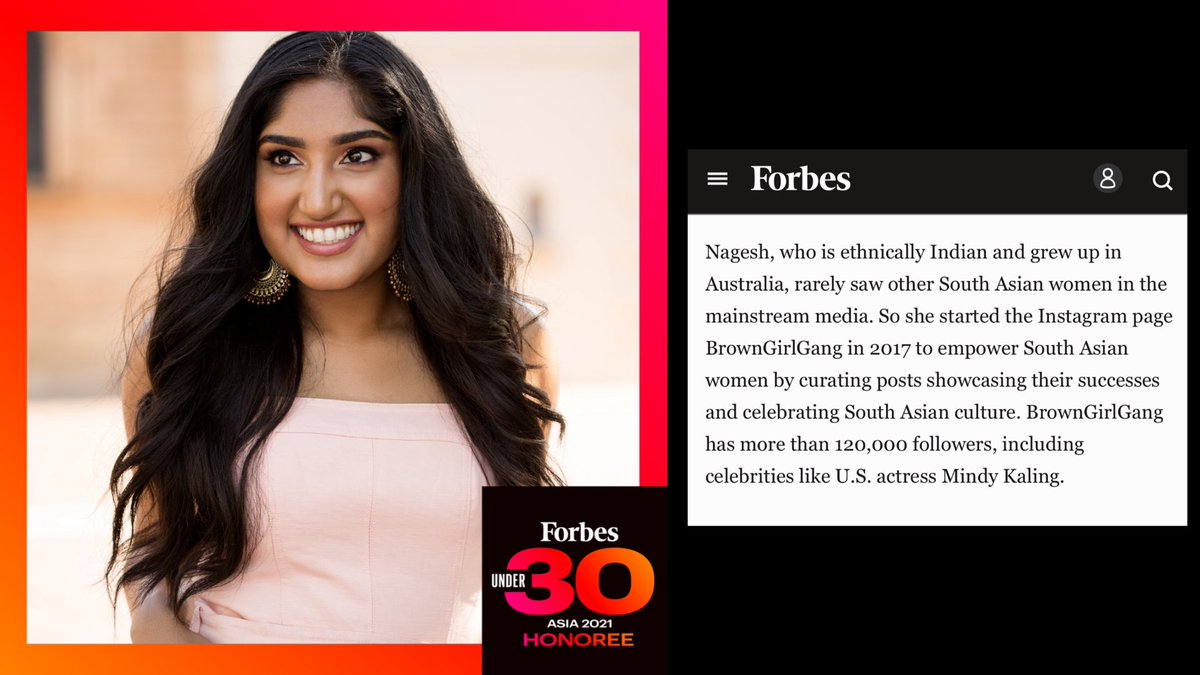 Omg still can’t believe I’m on @forbes 30 Under 30 Asia 🥰 I’ve written and re-written this tweet a million times and nothing comes close to expressing all my feels! I’ve done a longer post on Insta @ browngirlgang but for now, I’m just so so humbled & honoured 💖 #ForbesUnder30