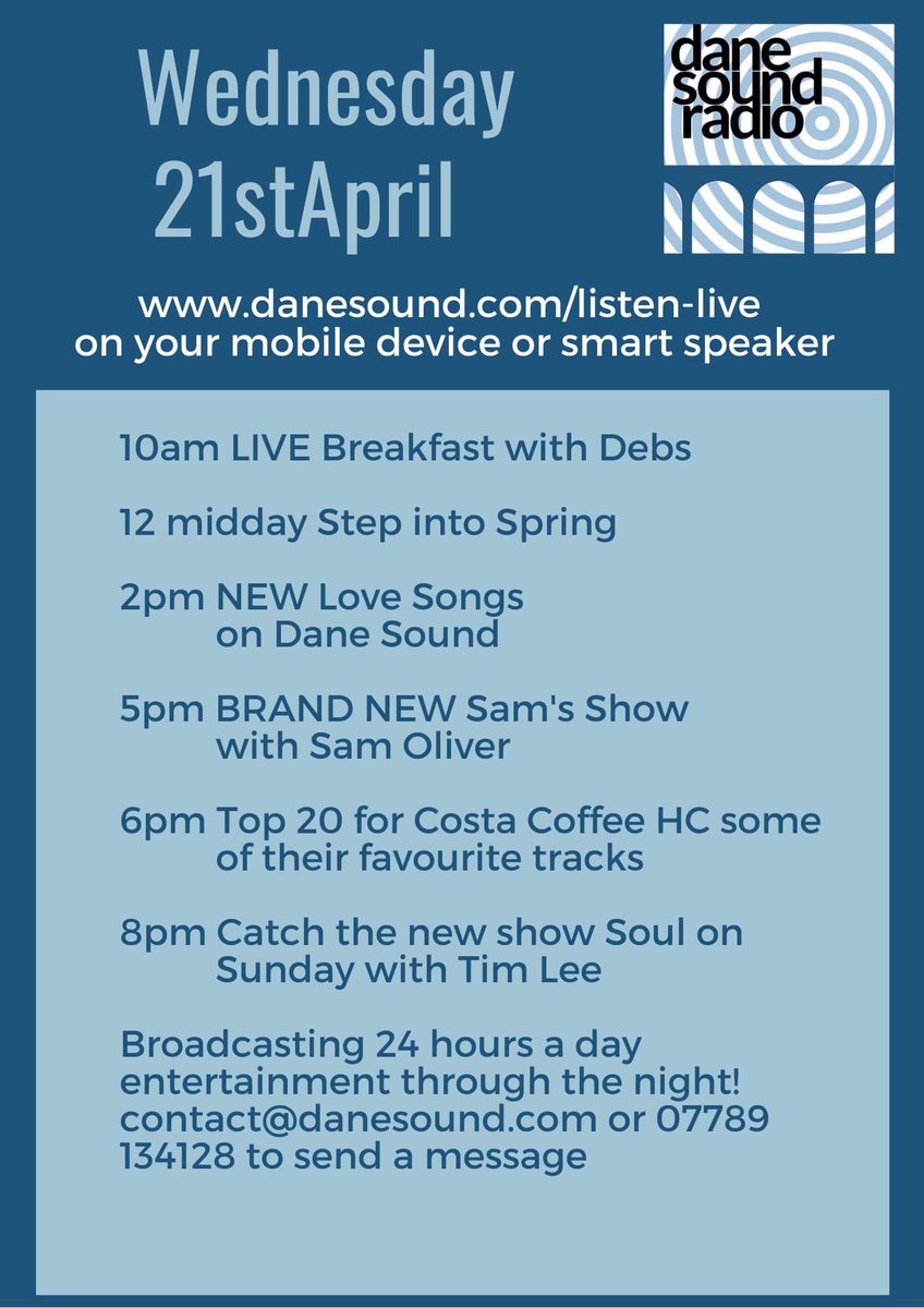DaneSoundRadio's tweet photo. Today’s Schedule on #danesoundradio #cheshire #holmeschapel #communityradio #localradio #music #news #events #joinin https://t.co/Fq6MUOCcG9