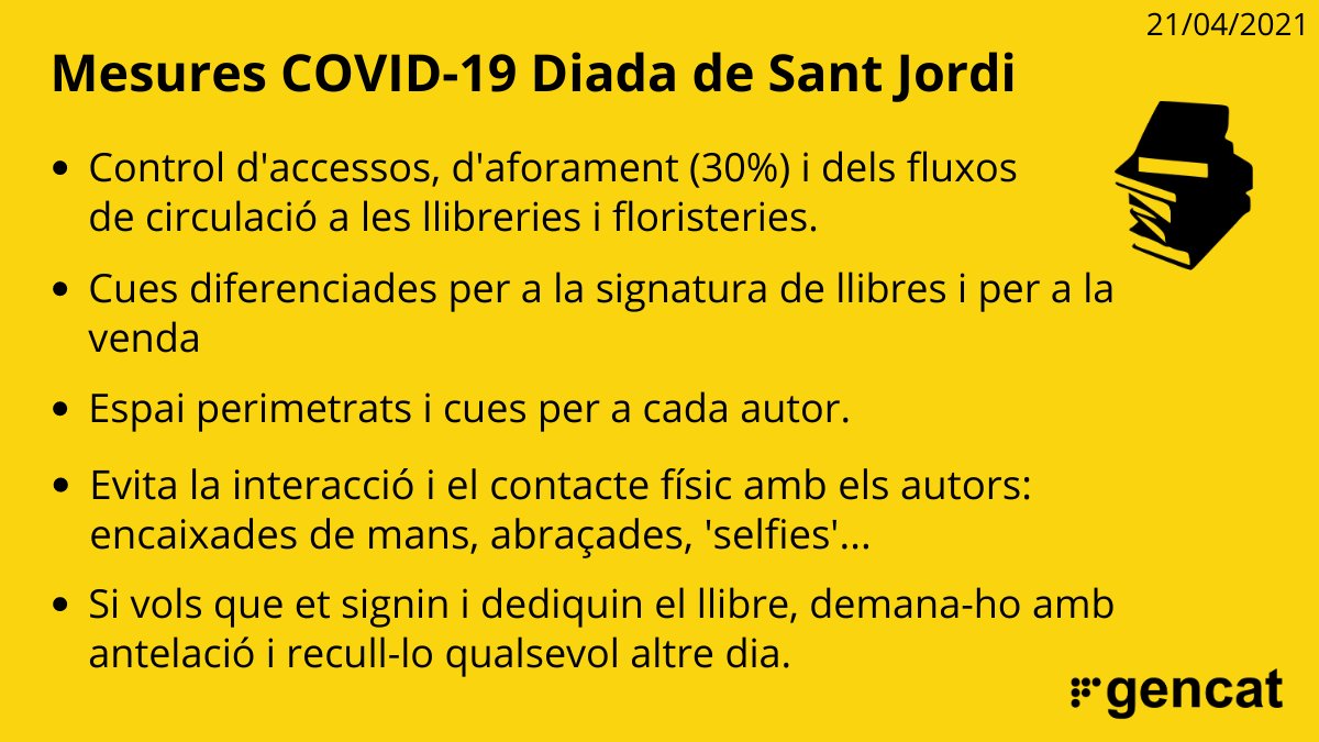 😷🔛🧼 Els protocols definits per a aquest segon #SantJordi amb pandèmia pel gremi de llibreters i floristes i les autoritats sanitàries garanteixen a partir d'avui una Diada segura i amb totes les mesures de prevenció. gen.cat/plastjordi2021