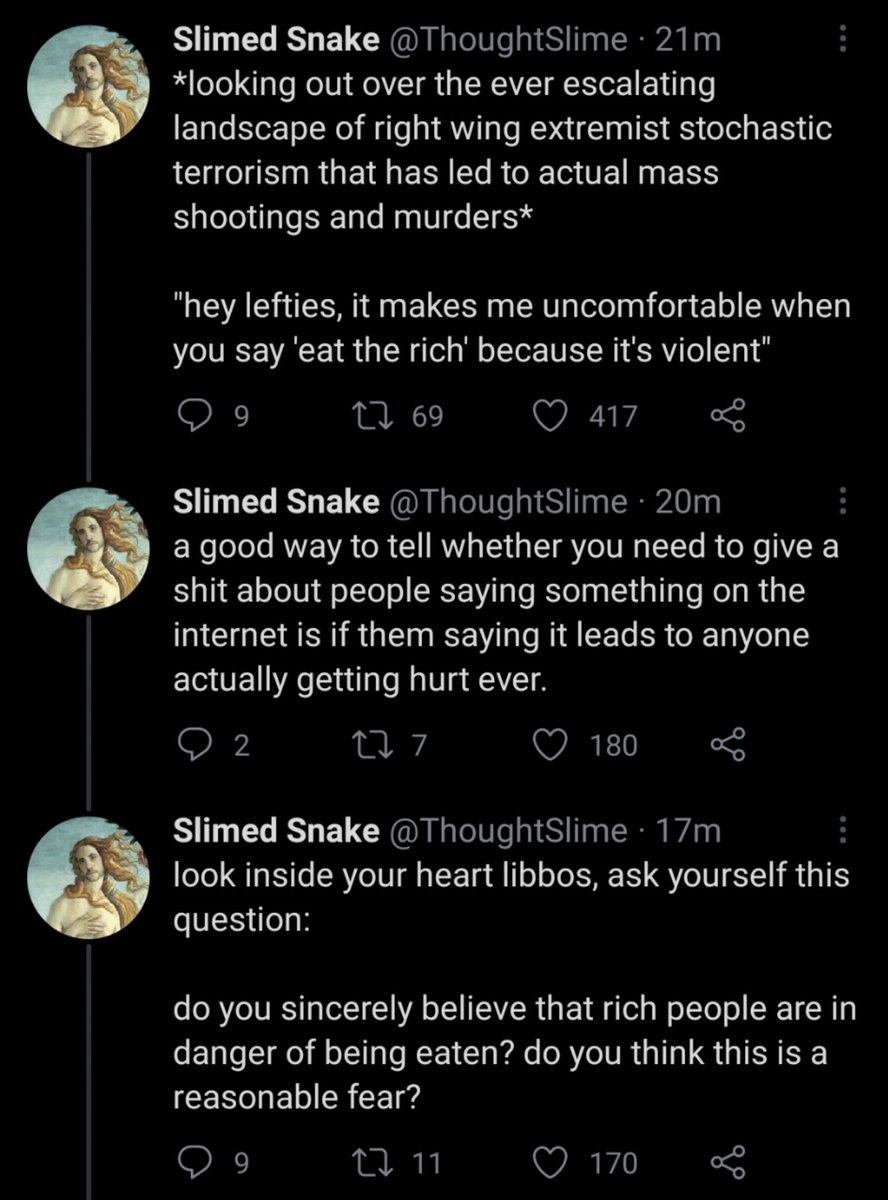 "lol violence on the left isn't an issue but also when it does happen it'll be awesome""Mass murder is cool and good because it's already happening"Jesus christ. Way to get the normies on board.