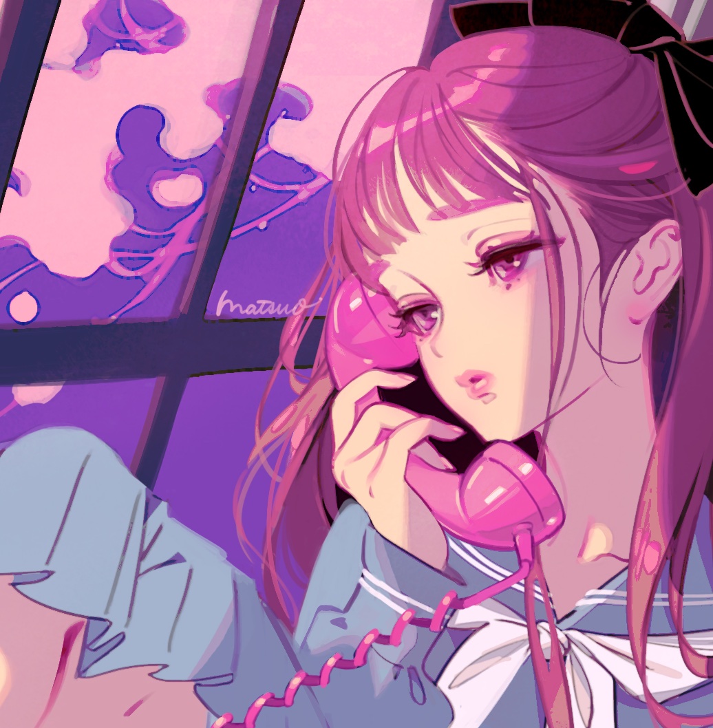 1girl solo long hair holding phone talking on phone bow  illustration images