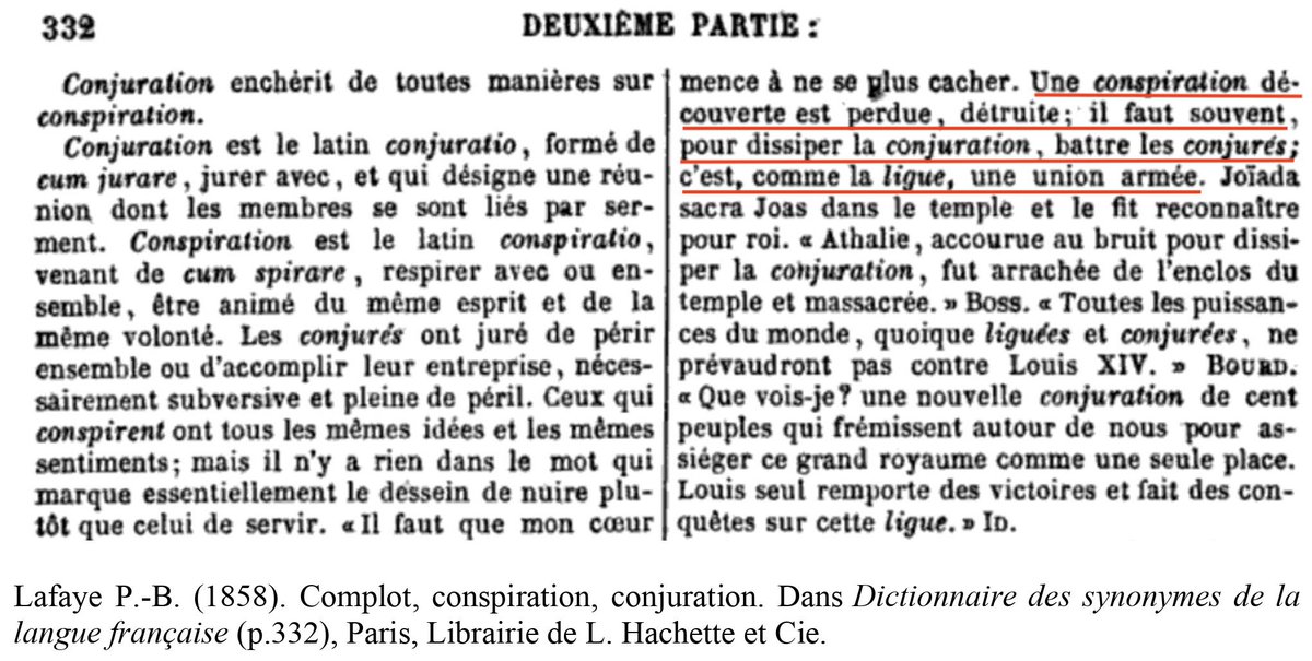 11: P.-B. Lafaye pointait aussi qu'une conspiration découverte est vaincue, mais que pour la conjuration souvent "il faut battre les conjurés", ce qui n'est pas sans rappeler ce que des partisans de Qanon ont dû estimer de faire lors du "Pizzagate" ou de l'assaut sur le Capitole.