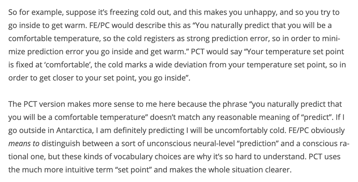 I guess I appreciate how PP uses predict in a weird way; it's kind of nice because these theories themselves seem to weirdly invert the typical picture of perception and action; there's a similar weirdness in the notion of "controlling perceptions"