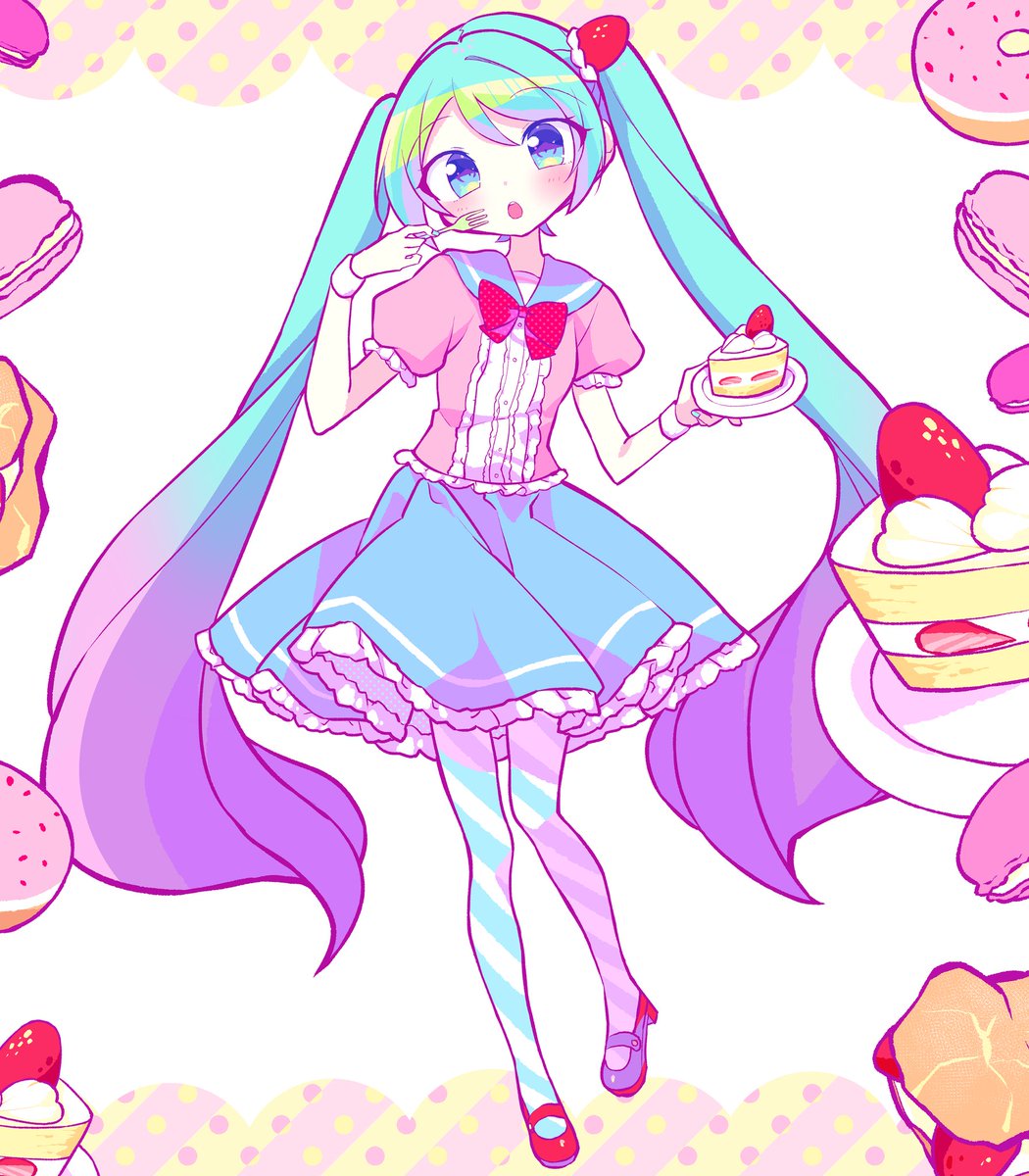 hatsune miku 1girl food solo cake twintails tongue out fork  illustration images