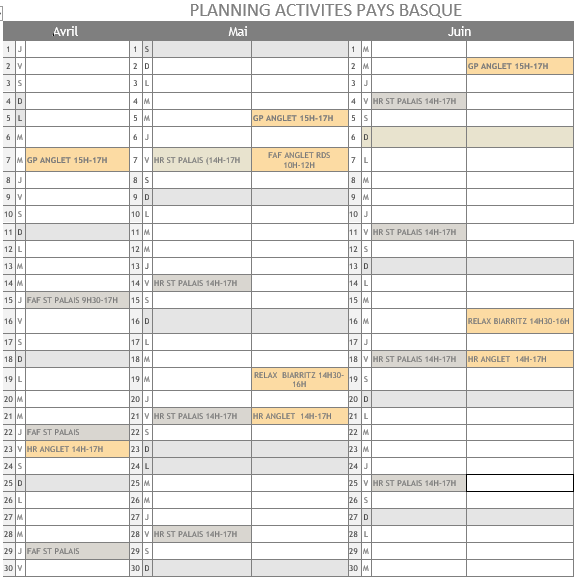 PLANNINGS DES ACTIVITES A LONS, OLORON ET SUR LE PAYS BASQUE (AVRIL - MAI - JUIN)

Les inscriptions se font par téléphone au 05 59 04 41 09, par sms au 06 46 36 52 22 ou par mail fapa@fapa64.com