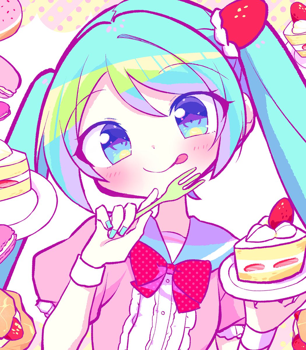 hatsune miku 1girl food solo cake twintails tongue out fork  illustration images