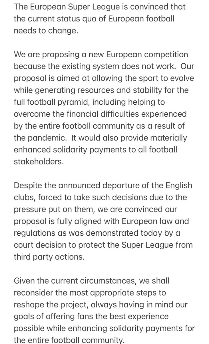 But this low rent statement was also released and unsigned by the rump of Super League members still committed to a project that has now collapsed. (Rushed out, and unclear like much of this doomed scheme)