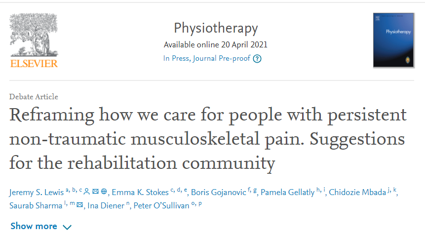 🔥Hot off the press! 
Reframing how we care for musculoskeletal pain - suggestions for the #rehabilitation community. 
 - A debate paper led by <a href="/JeremyLewisPT/">Professor Jeremy Lewis PhD FCSP</a>. 
- An outcome of <a href="/WorldPhysio1951/">World Physiotherapy</a> 2019 Congress.
Full-text: sciencedirect.com/science/articl… 
<a href="/ekstokes/">Dr. Emma Stokes</a> <a href="/PeteOSullivanPT/">Peter O'Sullivan</a>