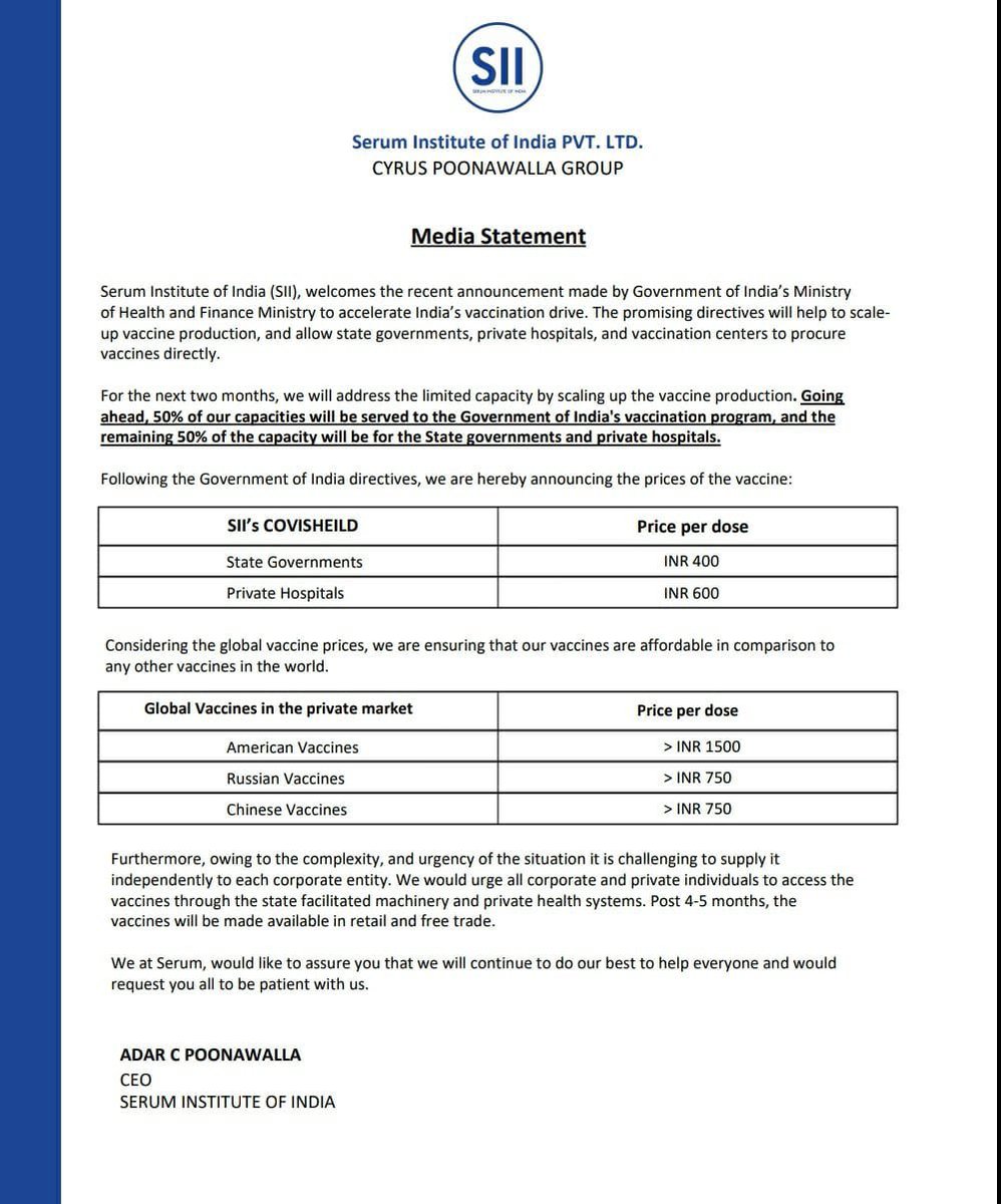 Here’s what daylight robbery looks like with Modi’s new “vaccination guidelines”. Serum Institute sold Covishield to PM CARES for Rs. 210 per dose.They then charged Govt of India Rs. 157.50 per dose.And now, for state govts, the price has been more than doubled to Rs. 400!