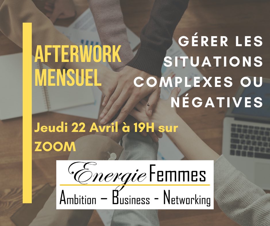 RV demain soir à l’afterwork des ambitieuses pour échanger sur le thème « Gérer mes situations négatives professionnelles » Comme d’habitude il y aura 
✅ convivialité 
✅ partage 
✅ #networking 
Inscriptions 👉 cutt.ly/vvq6DOR 
#energiefemmes #ambition