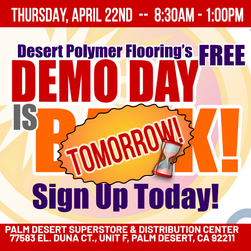 DesertPolymer's tweet photo. DEMO DAY IS TOMORROW!   If you haven't signed up yet, don't worry.  There's still time.

You can register online at https://t.co/qKhVsrLjnz or call us at 877-EPOXY-94  (877-376-9994)

Free lunch from Irma's Tacos will be provided! https://t.co/cHjdFFvFO5