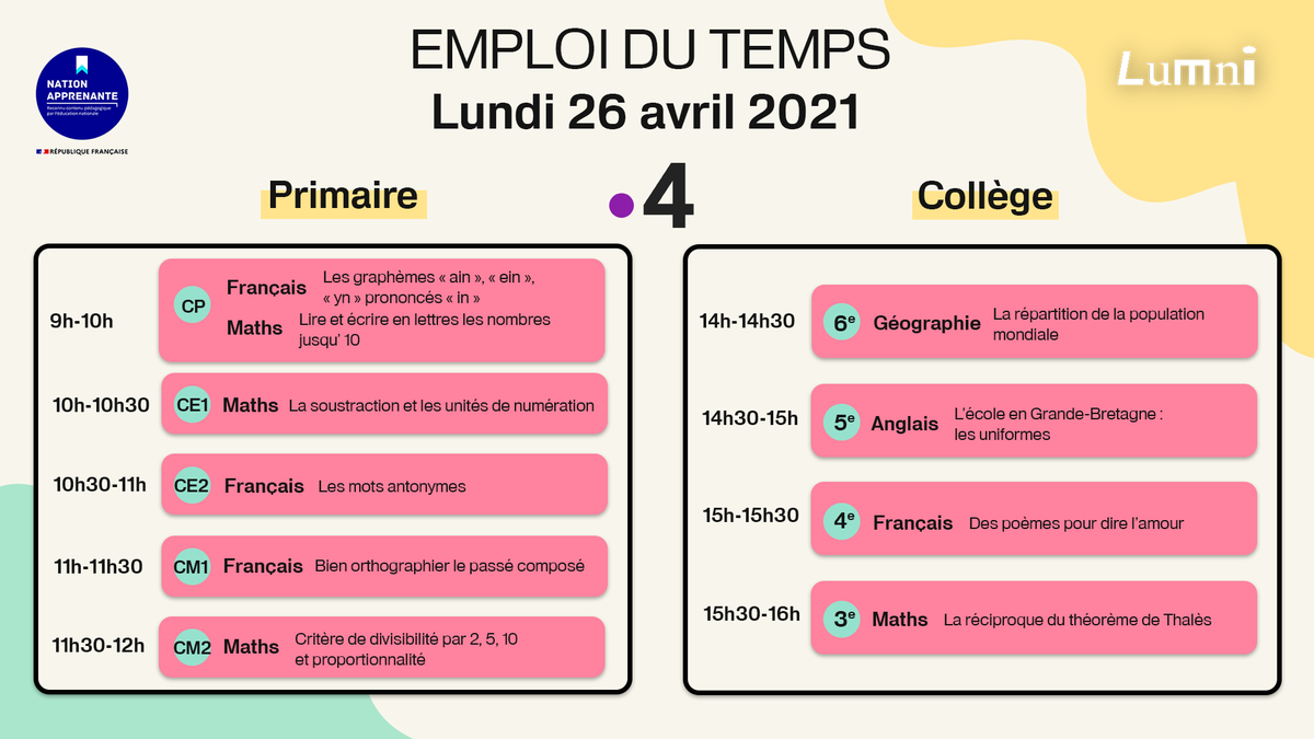 lumnifr's tweet photo. 📚 [CoursLumni] Voici le programme de la journée du 26 avril ⤵

En replay sur #Lumni :
• Primaire ➡ https://t.co/KwEYxPXYUY
• Collège ➡ https://t.co/WeG6NuLY5S
• Lycée ➡ https://t.co/JoseJWl2Cq

#NationApprenante #Ecolealamaison #ContinuitéPédagogique @France4tv https://t.co/SK0Qv7zC6x