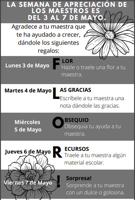 LewisvilleES's tweet image. Hola familia Pony! Desde el lunes 3 de mayo hasta el viernes 7, celebraremos a nuestros maestros. Aquí tiene una lista de pequeñas cosas que su niño/a puede hacer para su maestro/a cada día de esa semana. Gracias por ayudarnos a celebrar a nuestros maestros/as Pony! #PonyStrong