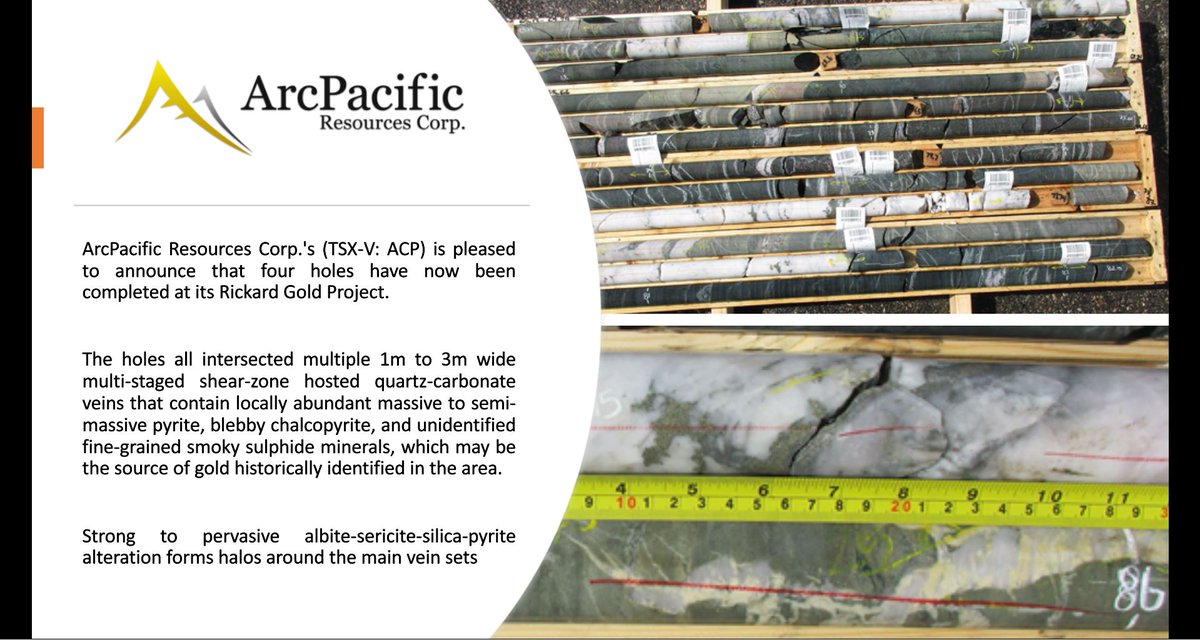 FirstAtlanticNi's tweet photo. ArcPacific Resources Corp.'s $ACP.V is pleased to announce that four holes have now been completed at its #Rickard #Gold Project.
#ACP #Timmins #Ontario #Canada #mining #mine #metals #metal #exploration #explortionmining #miningexploration #investing #stocks #investment #Au https://t.co/sYY0jXN3Up