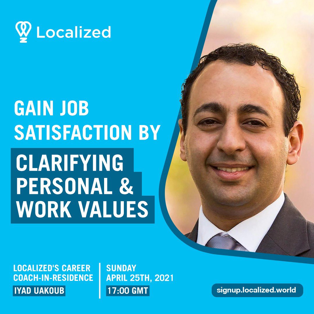 Localizedworld's tweet image. Join the conversation on 'Gain Job Satisfaction by Clarifying Personal &amp;amp; #WorkValue' with our Career &amp;amp; HR Coach-in-Residence @Iyadsy, to learn how to identify your values &amp;amp; aligning them with your career path.
Attend for free: bit.ly/3gDWB9h