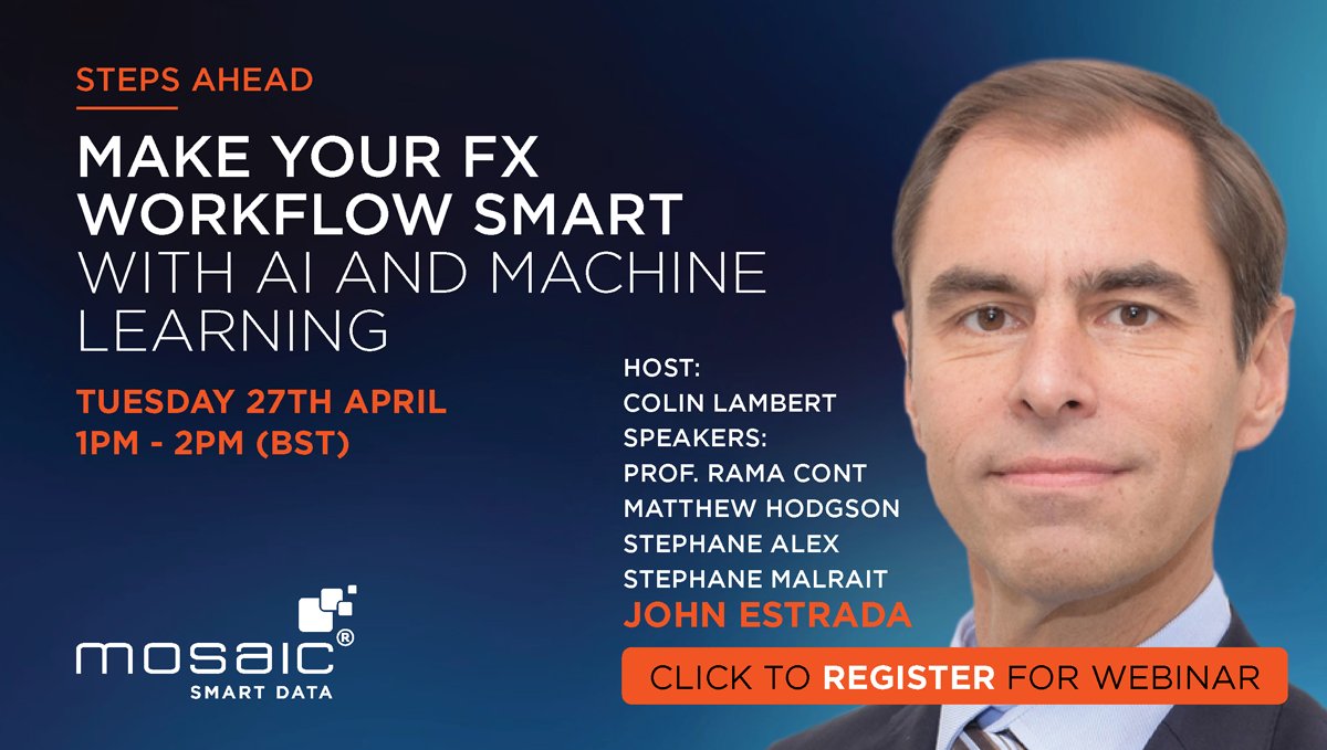 We're delighted to announce the addition of John Estrada, <a href="/CreditSuisse/">Credit Suisse</a>’s Global Head of eMacro, to our panel in the upcoming webinar next week.

Learn how to use AI and machine learning to optimise the whole #FX workflow. 

Click to register today: lnkd.in/d2swMak