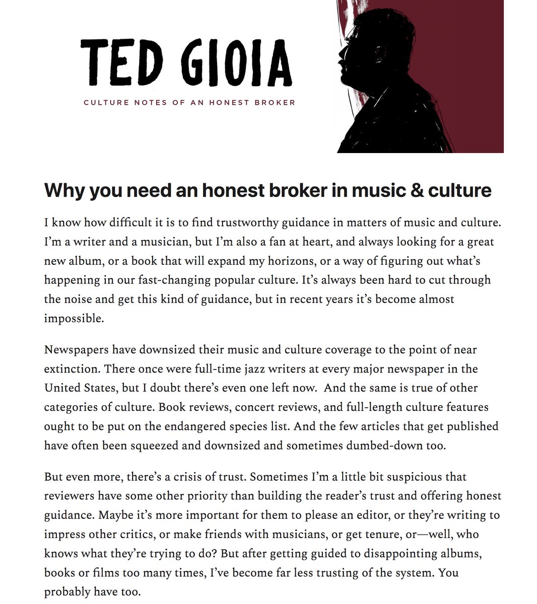 tedgioia's tweet photo. Here's more information on my arts &amp; music newsletter launching today: Culture Notes of an Honest Broker. https://t.co/NuX9hELodl You can sign up for either a free or paid subscription. https://t.co/ah4jDSYL2y