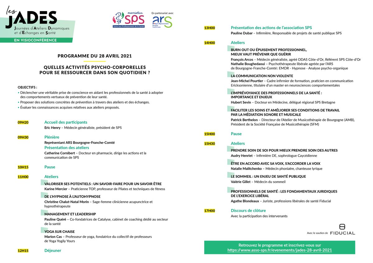 Participez à la JADES (Journée d'Ateliers Dynamiques et Echanges en Santé) le 28 AVRIL 2021 100% en ligne : Découvrez le programme et inscrivez-vous sans tarder.
Réservée aux étudiants et aux professionnels de la santé :  asso-sps.fr/evenements/jad…
En partenariat avec l'<a href="/arsbfc/">ARS BFC</a>