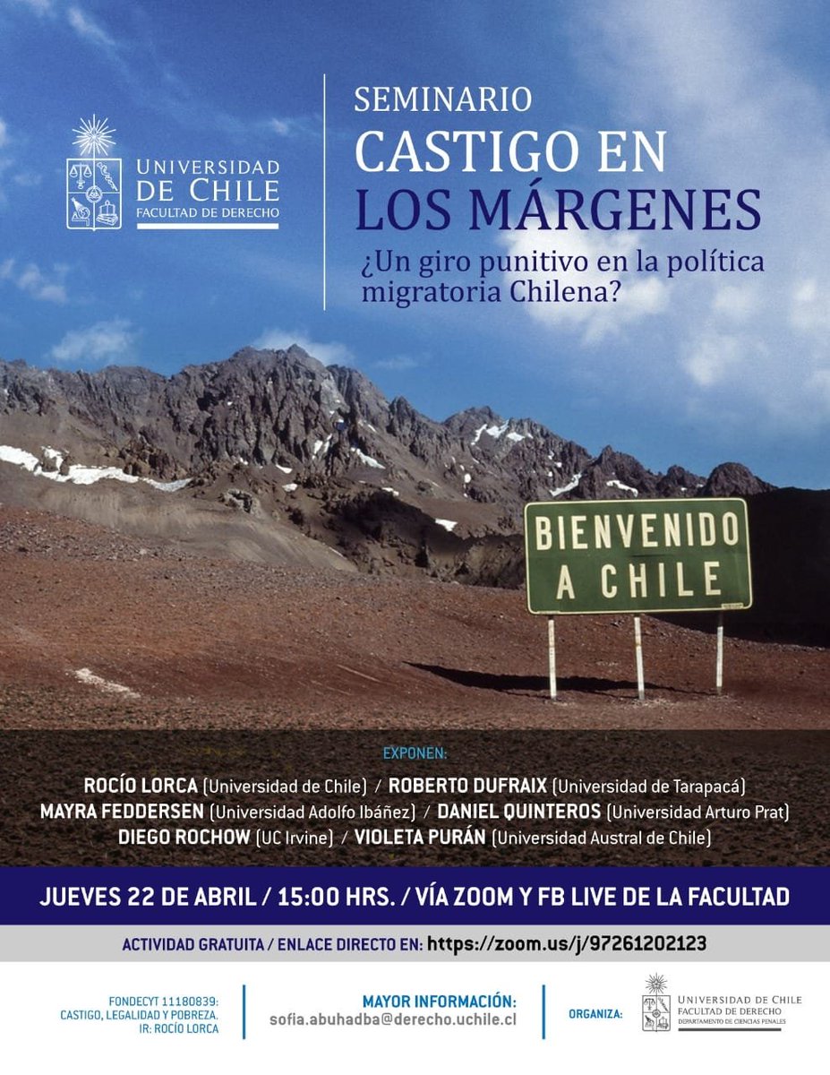 📢 MAÑANA

Seminario Castigo en los Márgenes ¿Un giro punitivo en la política migratoria Chilena?

Jueves 22 de abril/ 🕔 15:00 hrs.
Participa: El profesor colaborador del Magíster en Relaciones Internacionales y Estudios Transfronterizos, Mg. Daniel Quinteros