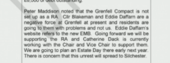 We also see what looks like a pretty sinister extract from a TMO board meeting in 2015, where they describe Mr Daffarn and the local cllr assisting him as a "negative force" and add there is concern "the unrest will spread to [neighbouring estate] Silchester"