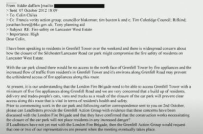 Then move to some specific fire safety issues he raised. First, as the school next to Grenfell Tower was constructed in 2012, he raised concern that the removal of a car park could compromise fire fighter access