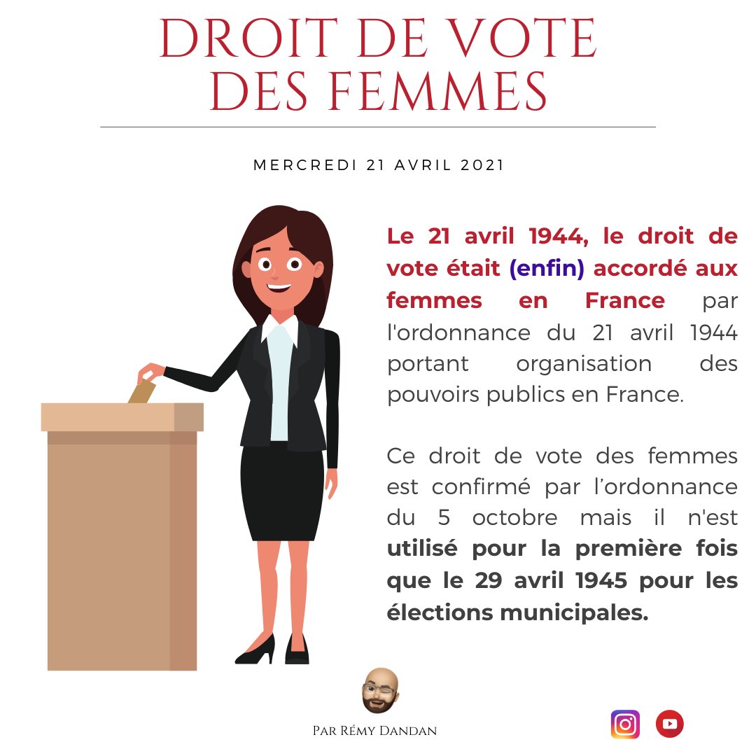 Remydandan's tweet photo. 77 ans (seulement) aujourd’hui que les femmes ont le droit de vote en France! 

#droit #vote #droitdevote #droitdevotedesfemmes https://t.co/KRiJSZMtda