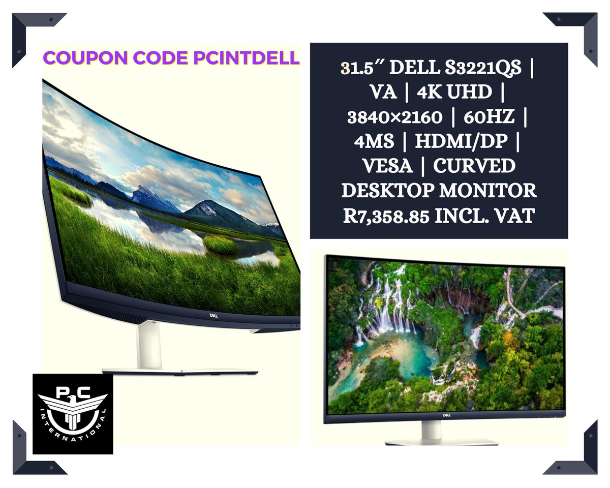 pcintSA's tweet photo. Social Media Special - Use coupon code - pcintdell at checkout to get an amazing discount on the 31.5″ Dell S3221QS | VA | 4K UHD | 3840×2160 | 60Hz | 4ms | HDMI/DP | VESA | "Best curved monitor with 4K resolution."  Get your here for only R7358.85 valid until 30 April 2021 https://t.co/ZSoKFf88Q7