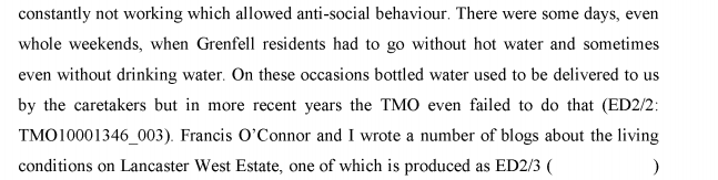 Here, he describes how residents went without drinking water in the tower and the TMO failed to even deliver bottled water to residents