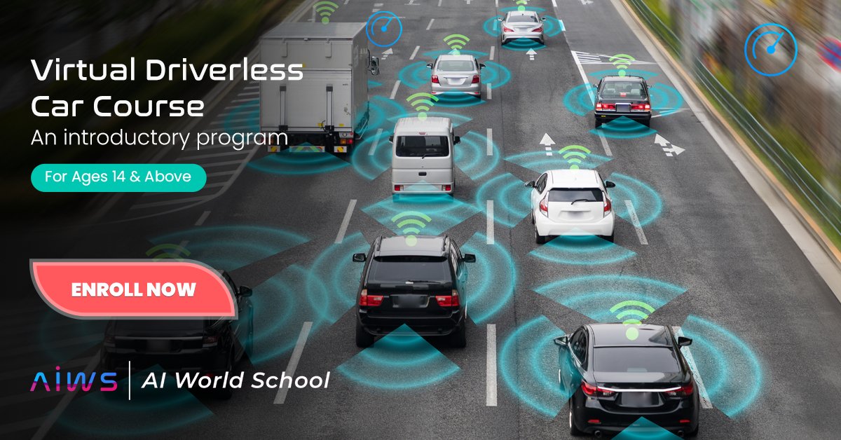 We’re excited to announce our #AI #SummerCamp2021 We are introducing Virtual driverless car course for Ages 14+. Your children can discover technologies behind driverless cars and find out how self-driving cars work on our e-learning platform. aiworldschool.com/aisummercamp/