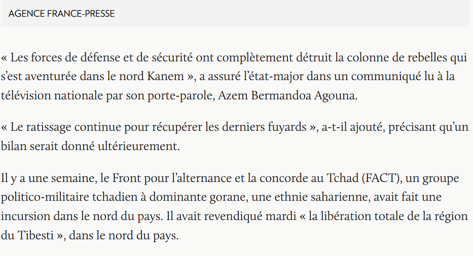 17 Avril 2021...La communication de guerre revient au goût du jour, notamment du côté de l'armée régulière tchadienne, qui affirme avoir détruit LA colonne de "rebelles libyens" qui tentait de descendre plus au Sud, vers la ville de Mao dans le  #Kanem https://www.lapresse.ca/international/afrique/2021-04-17/tchad/l-armee-dit-avoir-detruit-la-colonne-de-rebelles-libyens.php