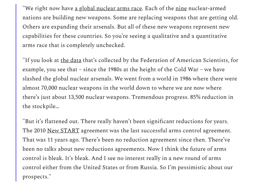 In a new interview with  @v_zilber,  @QuincyInst nuclear policy specialist  @Cirincione described a ramp-up in weapons technology among all nuclear-armed nations in the world, the future of which he described as "bleak": https://twitter.com/Phoenix_Coop/status/1384591995016974338?s=20